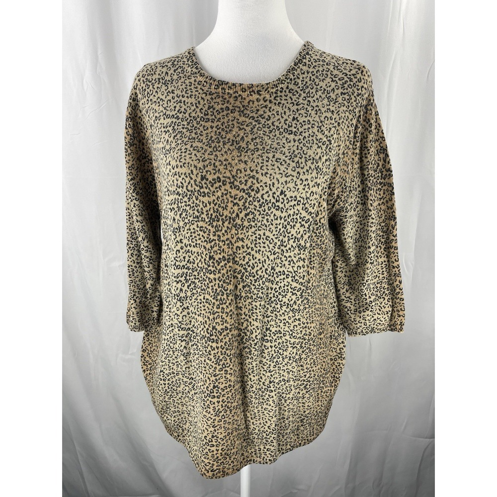 Garnet Hill Silk Cashmere Blend Cheetah Print 3/4 Sleeve Lightweight Top Medium